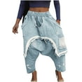 thumbnail image 2 of DPTALR George Women's Harem Denim Pants,Baggy Cargo Hippie Patchwork Design,Casual Elastic Waist Wide Leg Jogger Trousers,Light Blue,Size M, 2 of 5