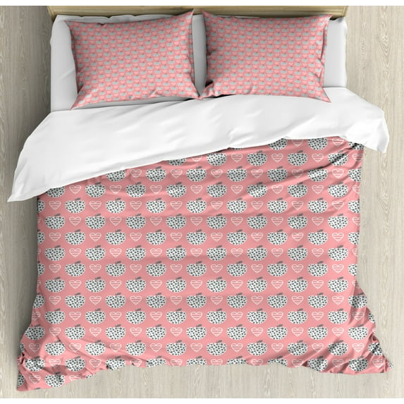 Abstract Duvet Cover Set King Size, Cartoon Style Illustration of Apple Figures and Heart Icons, Decorative 3 Piece Bedding Set with 2 Pillow Shams, Pale Coral Charcoal Grey White, by Ambesonne