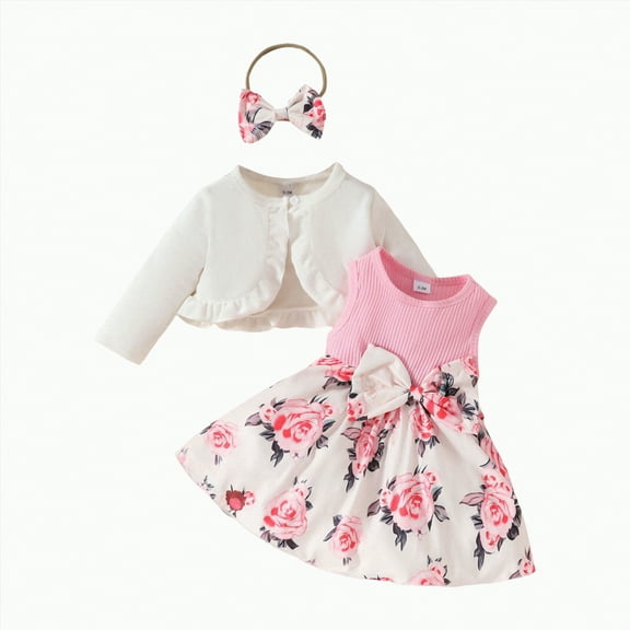 KPOPLK Girl Outfit Long Sleeve Velvet Cardigan Floral Turu Dress Headband Toddler Baby Girls Fall Winter Clothes(White##3,18-24 Months)