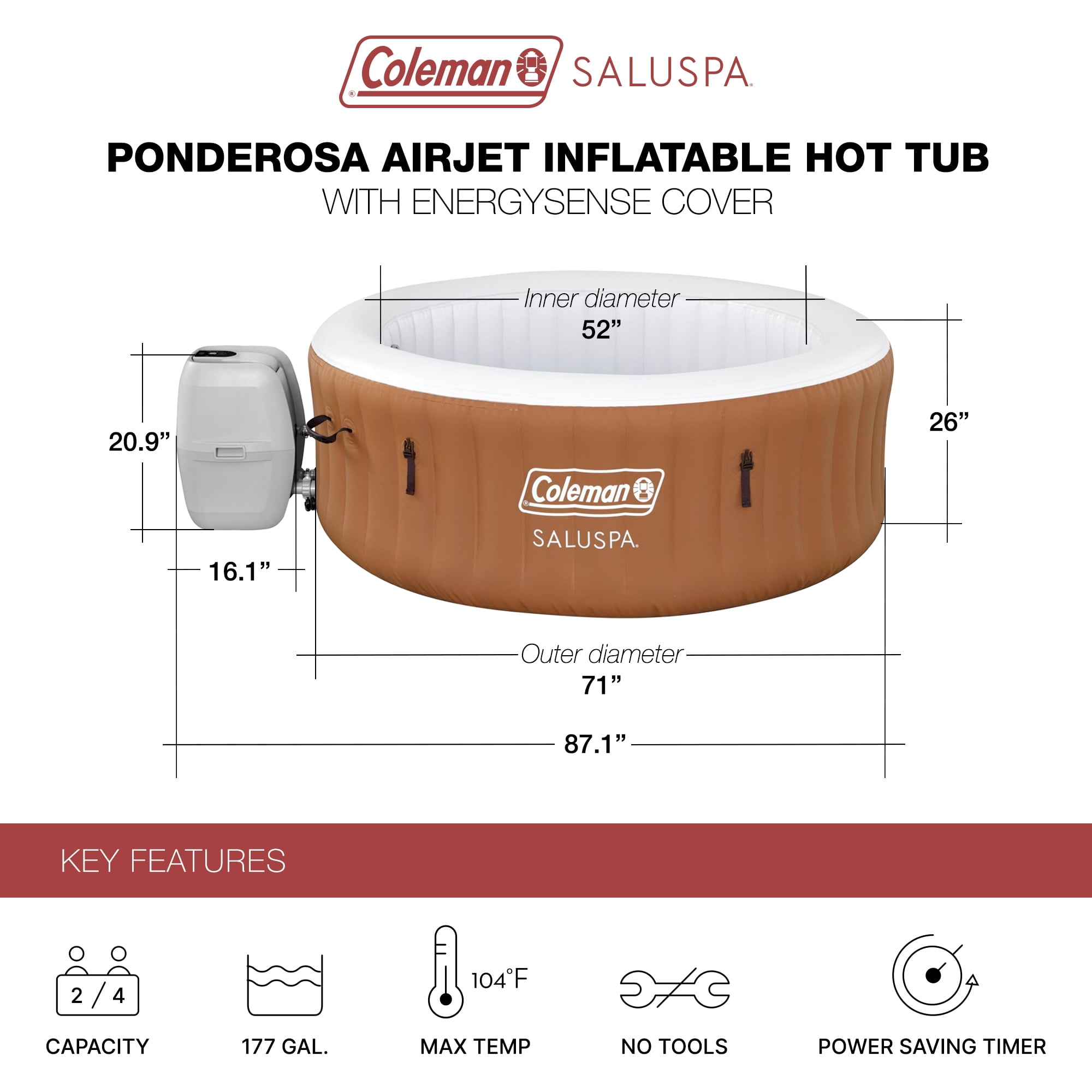 Coleman Ponderosa AirJet Inflatable Hot Tub with EnergySense Cover, 71"x26"