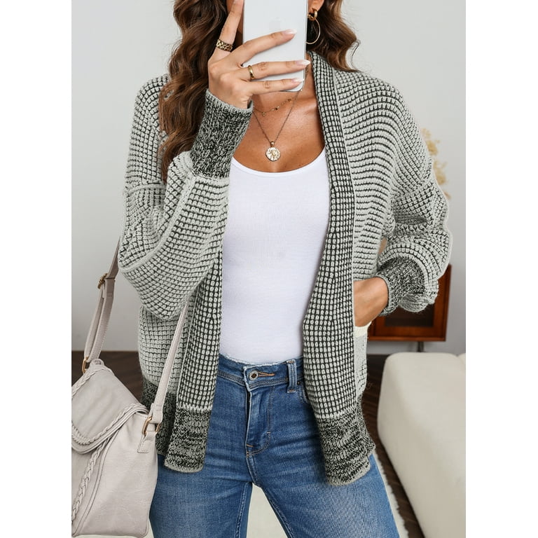 Eytino Cardigan Sweater for Women Plaid Open Front Short Cardigan Oversized  Long Sleeve Chunky Knit Sweaters Jacket Outwear with Pockets 