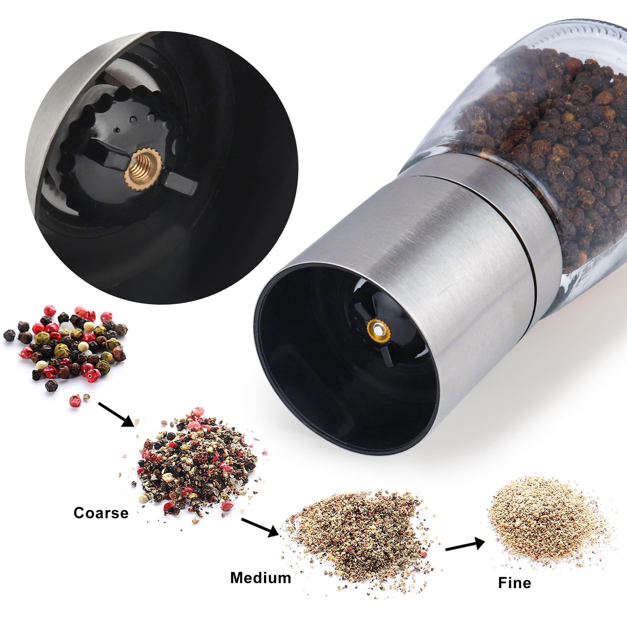 Salt and Pepper Grinder Set Refillable Adjustable Coarseness Stainless Steel with Ceramic Rotor Kitchen Spice Mills Set of 2