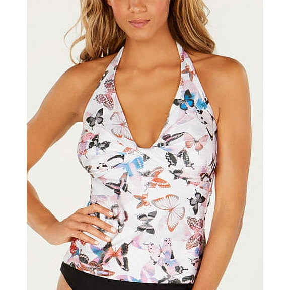 DKNY BUTTERFLY IVORY Printed Twist-Front Halter Tankini Swim Top, US Medium
