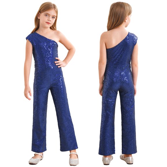 Aislor Girls One Shoulder Sequined Pageant Romper Ball Gown Sleeveless Party Jumpsuit Pants Navy Blue 8