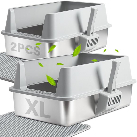 Caja de arena para gatos LEGOURNS XL de acero inoxidable con tapa y tapete