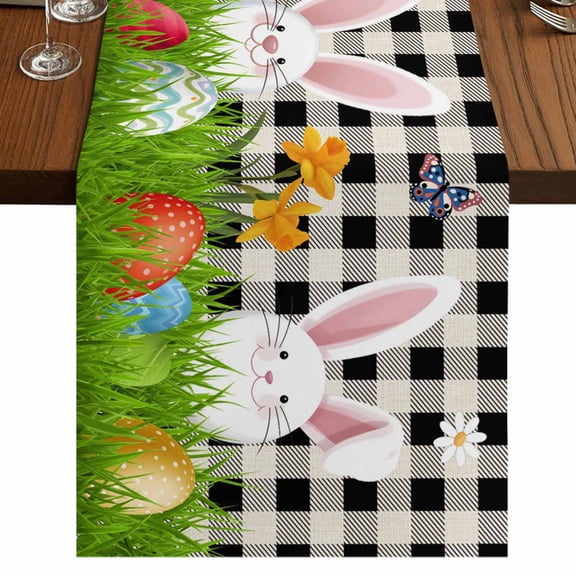 Table Runners 72 Inches Long Dress Scarves, Easter Bunny Farmhouse Kitchen Table Runner, Coffee Tablerunners, Spring Easter Eggs Floral White Black Plaid 16x72 Inch