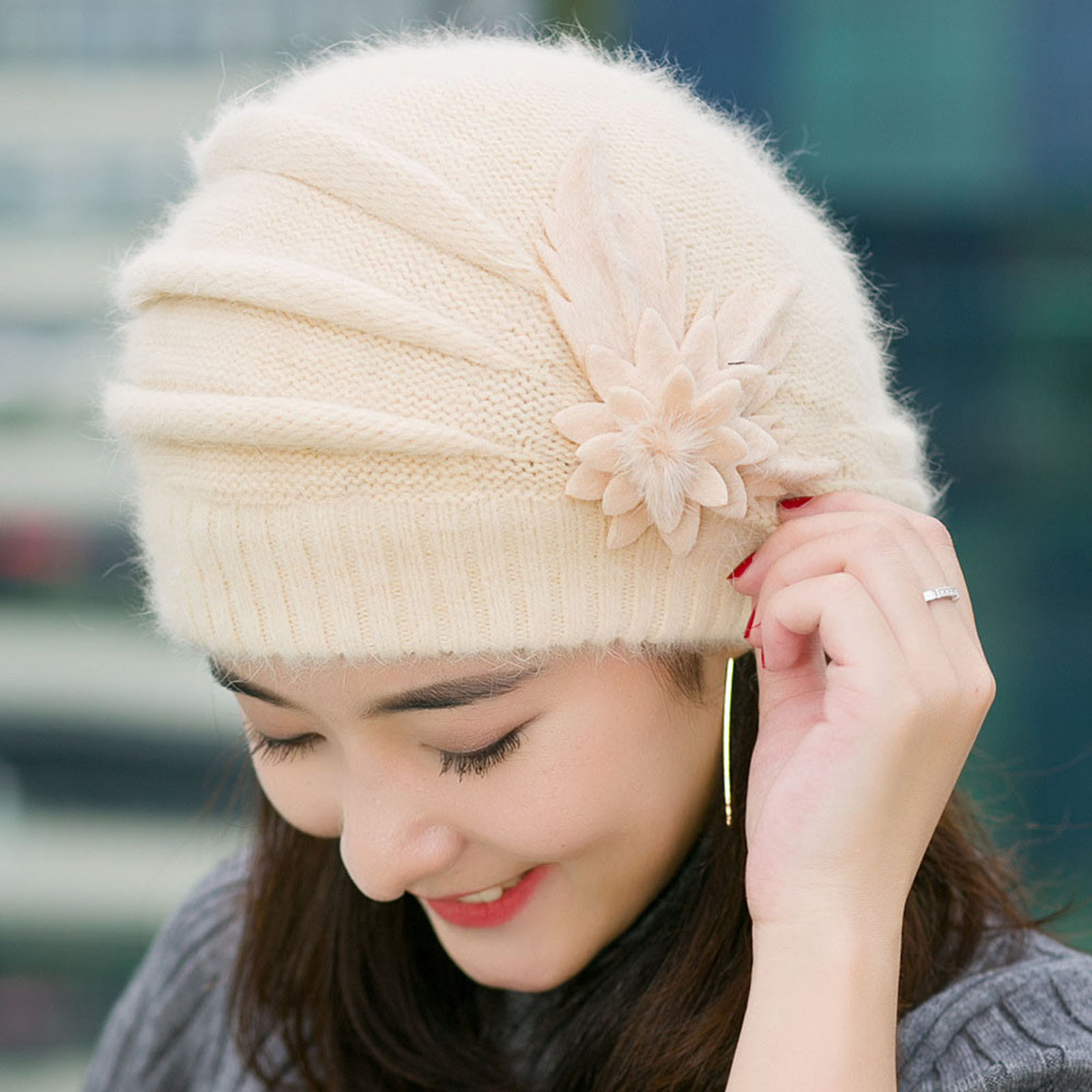Morehats Women's Faux Fur Beret Beanie – Crochet Mesh Knit Winter Ski Hat With Pompom