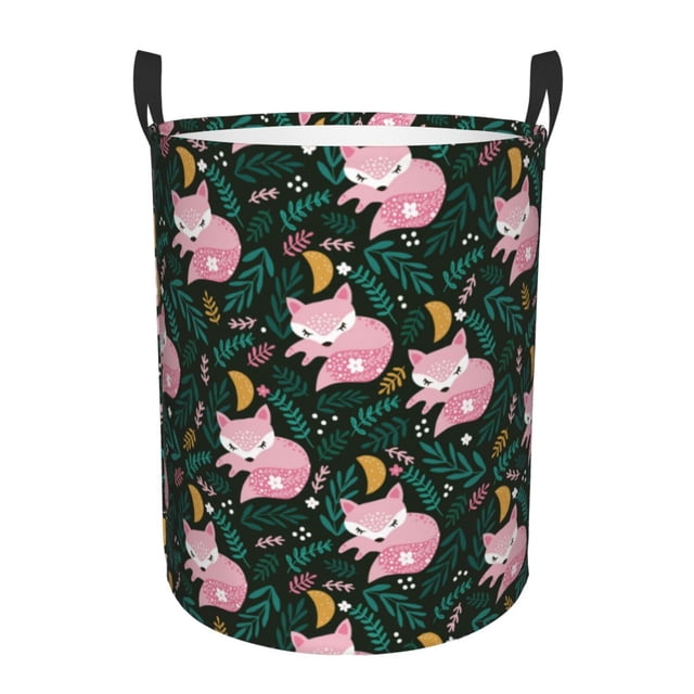 Balery Pink Sleeping Fox Cesta de ropa redonda con asas, impermeable, independiente, para ropa, juguetes, dormitorio y familia-Medium