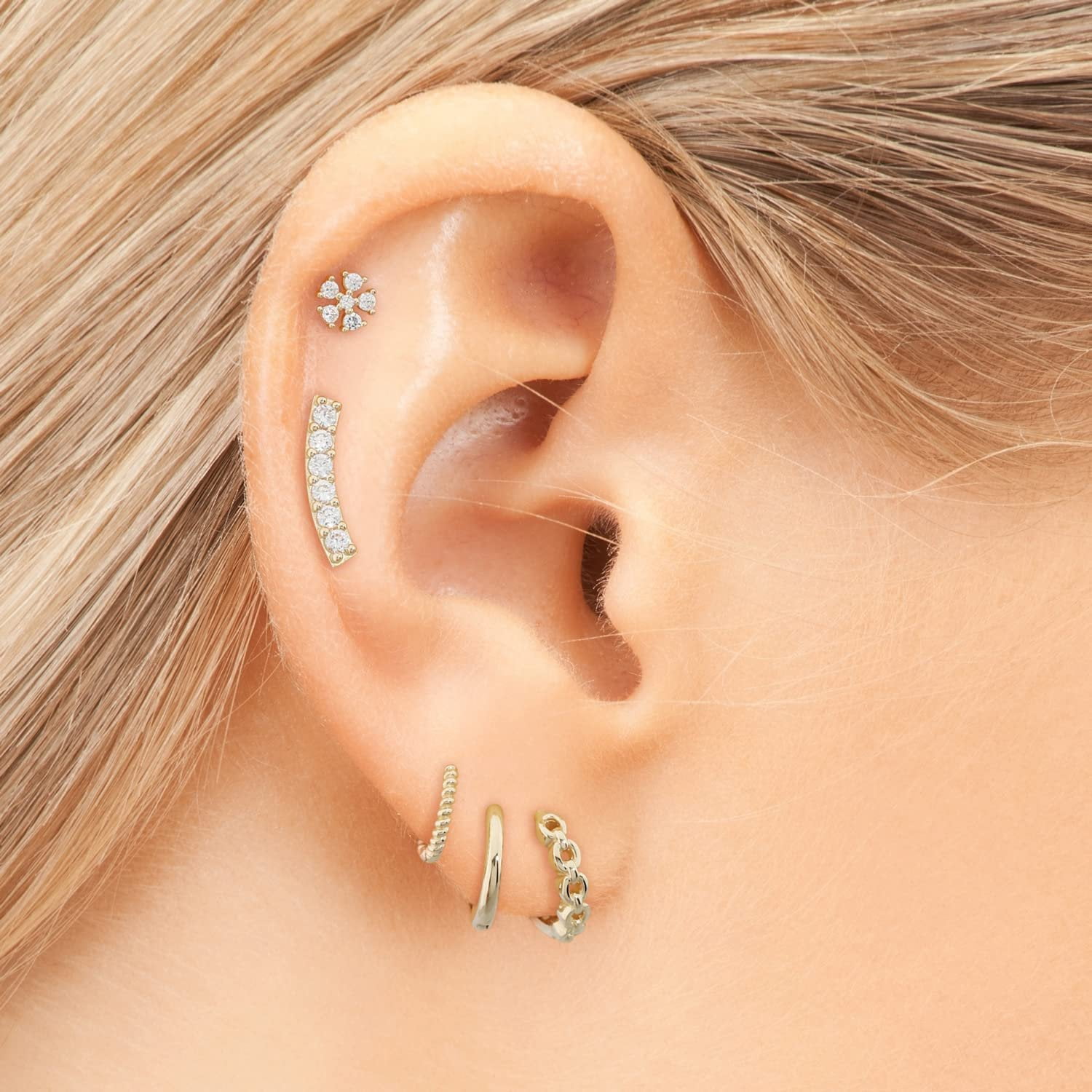 14K Yellow Gold Arched Bar Studs with Cubic Zirconia, Curved Bar 14k Real Gold Stud Earrings for Women