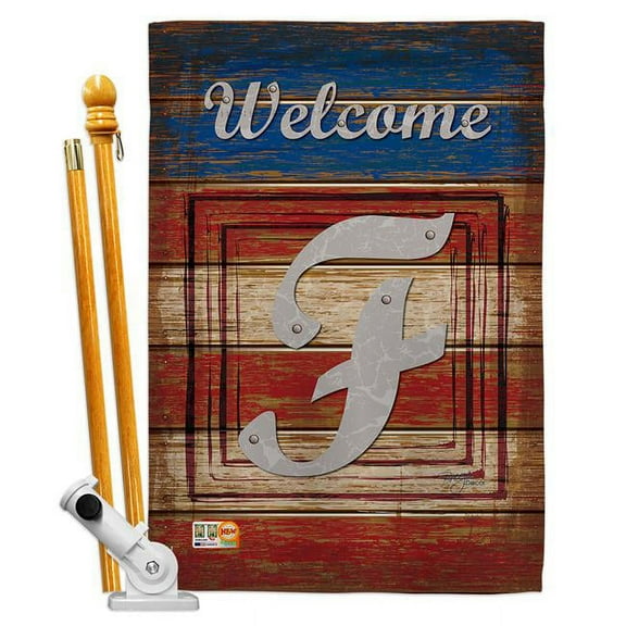 Breeze Decor BD-PA-HS-130110-IP-BO-D-US14-BD 28 x 40 in. Patriotic F Initial Americana Impressions Decorative Vertical Double Sided House Flag Set & Pole Bracket Hardware