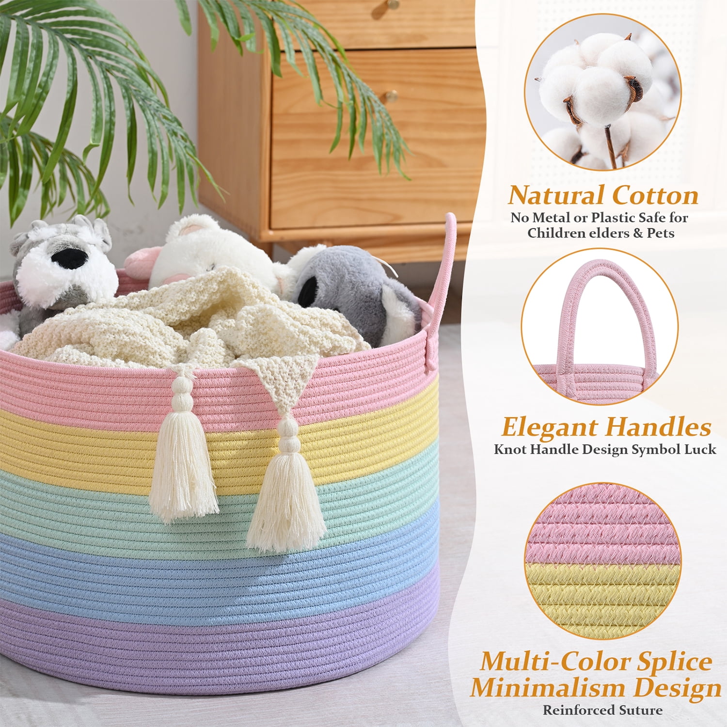 Natubeau 65L Large Cotton Rope Storage Basket, Soft Rainbow Decorative Basket for Living Room & Nursery, Foldable Laundry & Toy Organizer, 20"x20"x13"