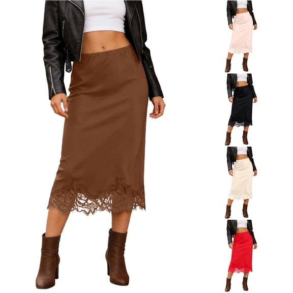 TIANZEN Elegant Satin Skirt With Lace Trim Detail Flowy Midi Length For Party And Evening Wear Metallic Skirts for Women