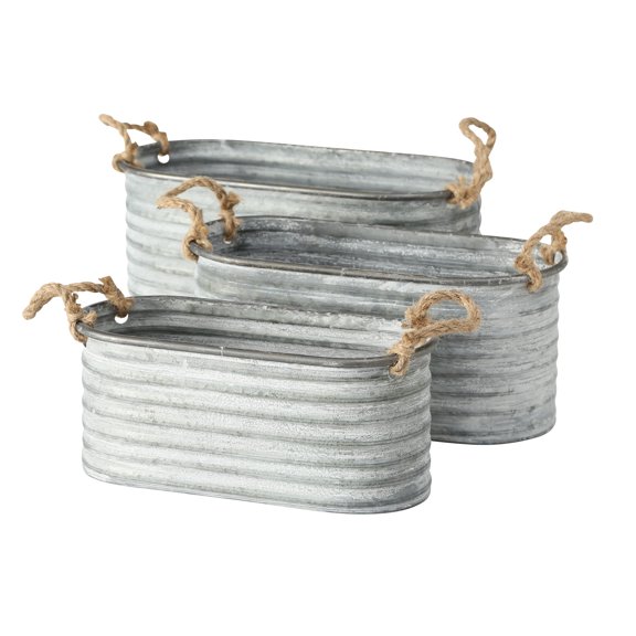 Farmer's Market Chubby Oval Planters, Set of 3, Rope Handles, Galvanized Zinc, Rolled Top, Corrugated Sides, Rustic Country Style Tub Containers, 16, 15, and 13 1/2 Inches