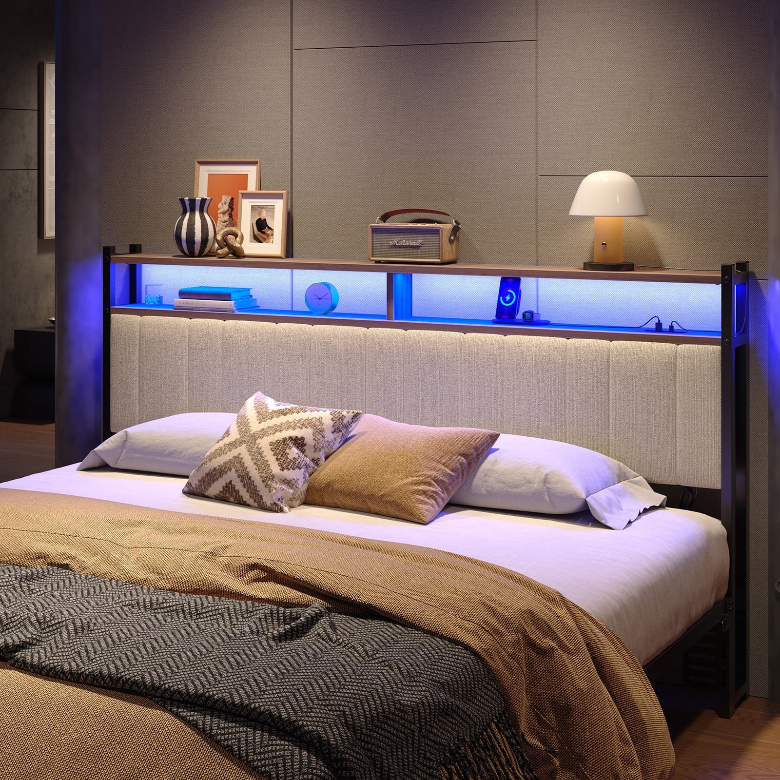 Pinmoco Headboard for King Size Bed with Storage, Linen Upholstered Head Board with LED Light and Charging Station, Beige (Headboard Only)