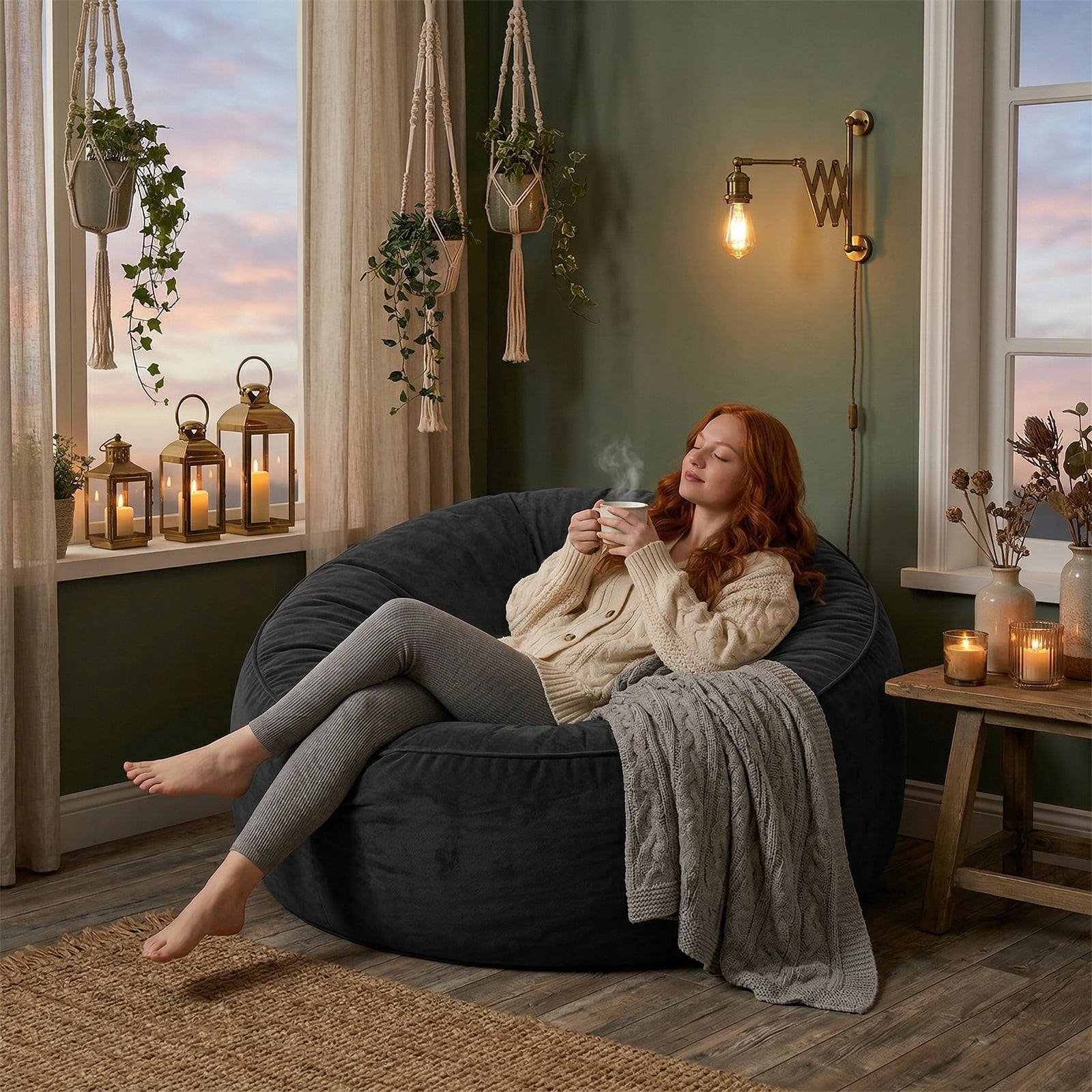 VIREO 5FT Bean Bag Chairs for Adults Memory Foam Filler Beanbag Chair with Removable and Washable Flannel Cover, Lazy Chairs for Living Room - Black