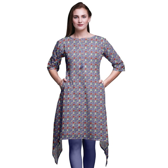 Bimba Purple Leaves & Dahlia Floral Indian Tunic Tops For Girls Printed Casual Top For Women Ethnic Kurti X-Large