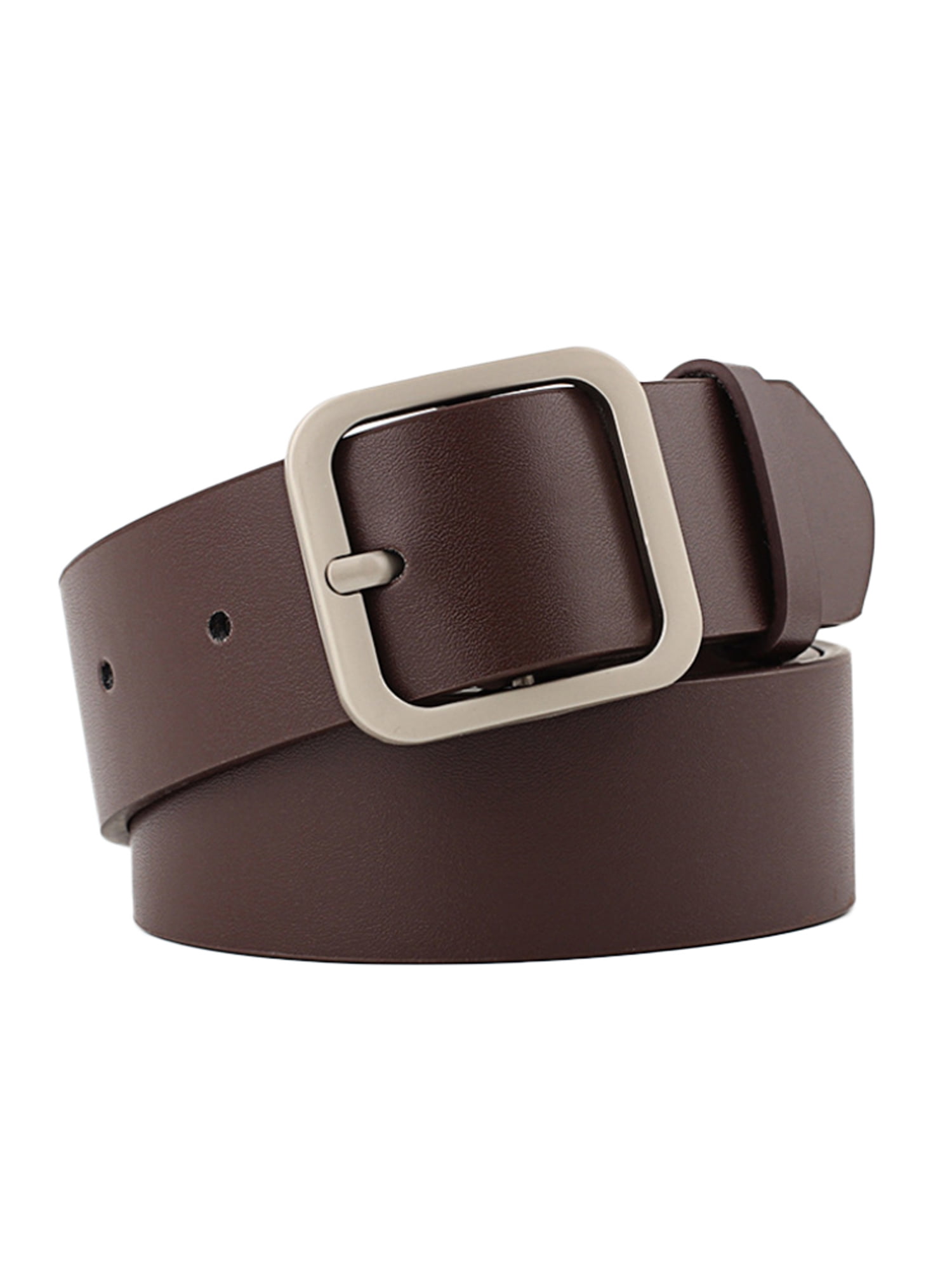 Women Fashion Elastic Dark Brown Faux Suede Leather Belt Square Buckle Size S M 