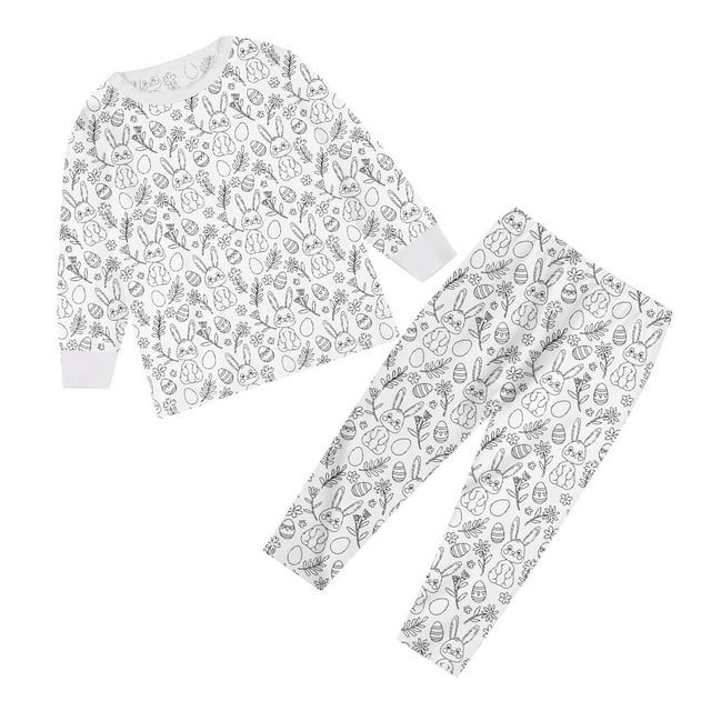 XDZJLR Ensemble de Pyjama pour Garçons Tout-Petits Mode Décontractée Diy Imprimé Lapin de Pâques Œuf Manches Longues Col Rond et Pantalon Droit Long Blanc 7-8 Ans
