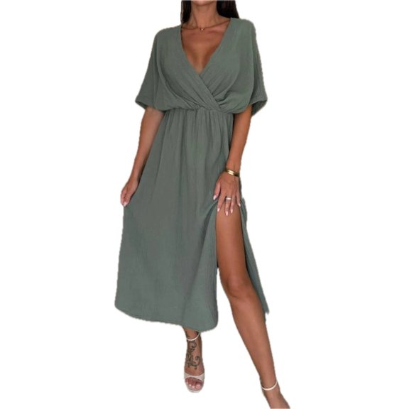 Women's Slit Surplice Midi Dress with Half Sleeve Perfect for Day to Night Events 100% Polyester Fabric for daily wear
