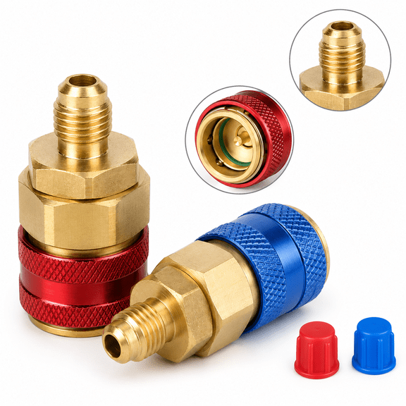 R134A A/C Quick Coupler Adapter Set High Low Side HVAC Refrigerant Charging Fittings SAE Male Flare Connectors for Car Air Conditioning Service AC Gauge Hose Repair Tool Kit