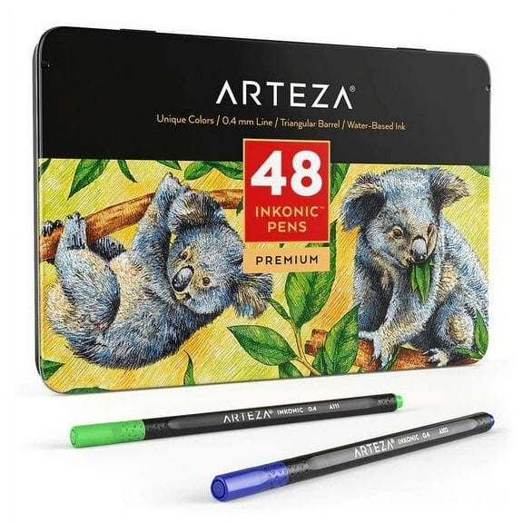 Arteza Fineliner Colored Pens Set, Inkonic, Fine Line, 0.4mm Tips, Assorted Colors - 48 Pack