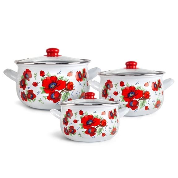STPgoods Poppies Enameled Aluminum Soup Pot Set of 3 Enameled Deep Pots with Glass Lids, Enamel Stockpot Set 2.2 Qt 4 Qt and 6.55 Qt