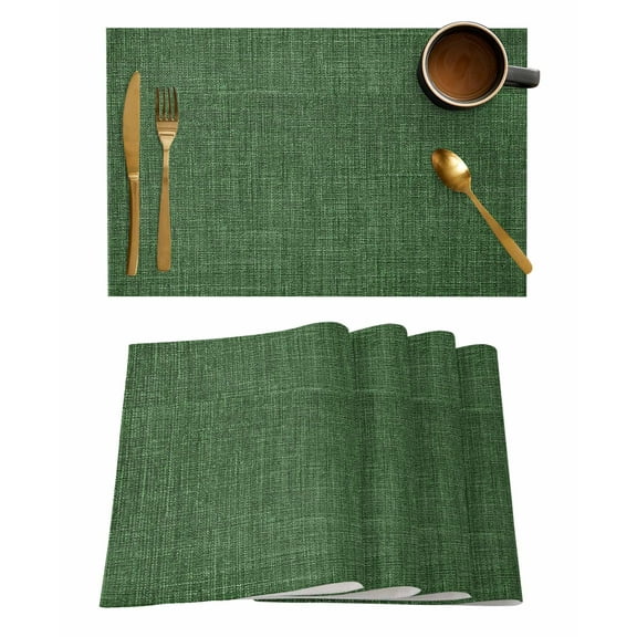 Placemats Set of 4, Dark Green Burlap Texture Woven Placemat, Linen Place Mats for Kitchen/Dining Tables, Farmhouse Vintage Green Washable Table Mats for Party
