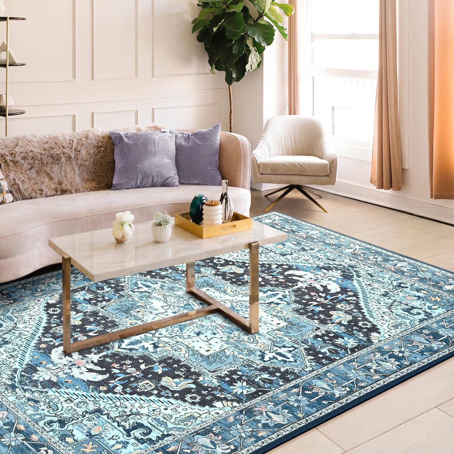 Lochas Vintage Floral Rugs Soft Accent Area Rug Low-Pile Carpet for Living Room Bedroom Home Decor,8'x10',Blue