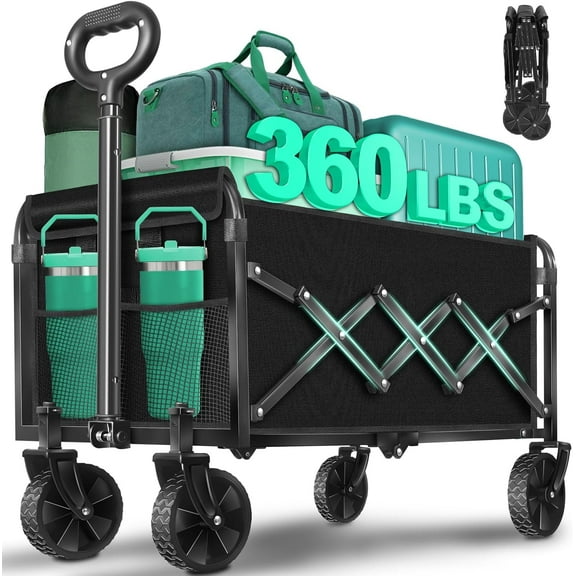 Collapsible Wagon Cart with Wheels Foldable: 360LBS Heavy Duty Folding Utility Wagon - Portable All Terrain Grocery Wagon Cart for Groceries Shopping Outdoor Camping Fishing Sports