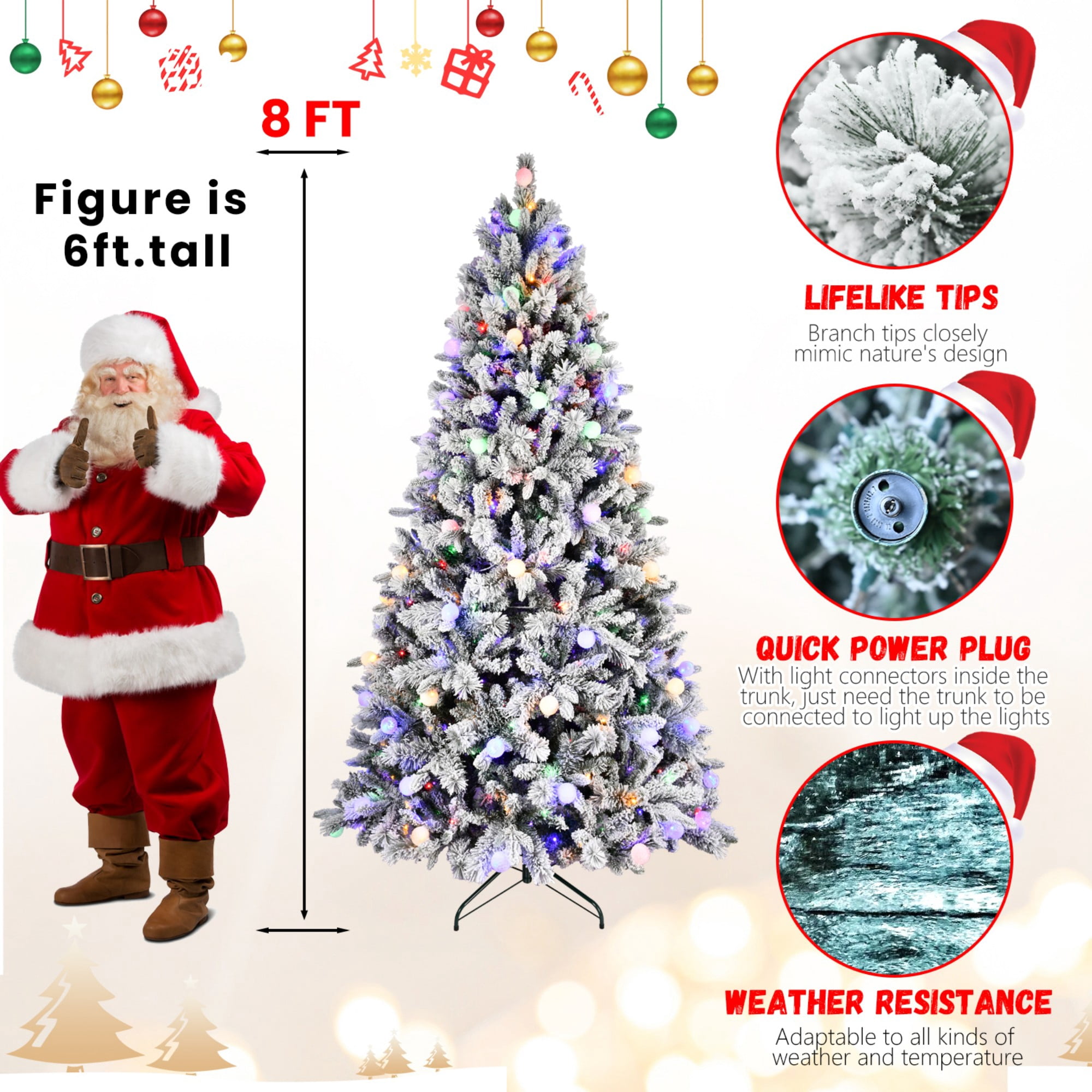 DEALTOPS 8 FT Pre-Lit Flocked Artificial Christmas Tree with 470 G45 LED Lights, 10 Modes & 1793 Tips
