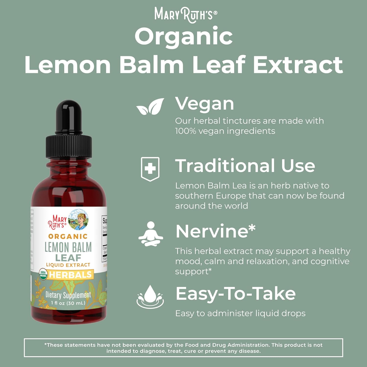MaryRuth Organics | USDA Organic Lemon Balm Drops | Herbal Supplement for Calming & Cognitive Support | Vegan, Non-Gmo | 1 fl oz / 30ml | Clean Label Project Verified - image 2 of 8