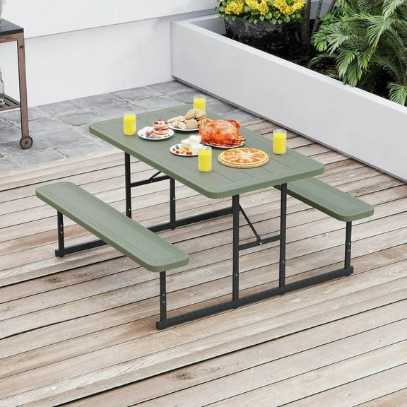 Auranook Picnic Table Bench Set for 2-4 People Outdoor Rectangular Camping Dining Table, HDPE Tabletop, Metal Frame