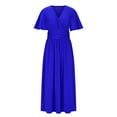 thumbnail image 4 of Vestido Maxi de Manga Larga para las Mujeres Caída Sólido de Manga Corta Cuello en V Plisado Vestido Maxi Midi, Cintura Elástica Boho Vestido de Playa con Bolsillos, 4 of 8