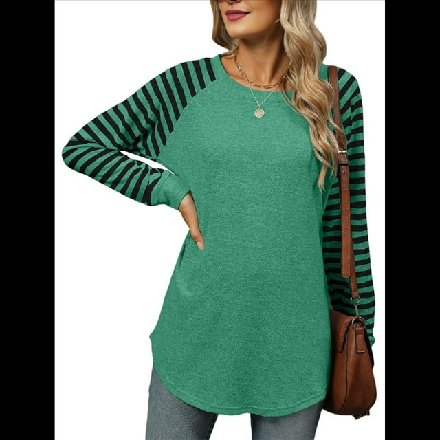 Blusas Tipo Túnica A Rayas para Mujer, Camisas Casuales de Larga, Jersey de Cuello Redondo. Verde L