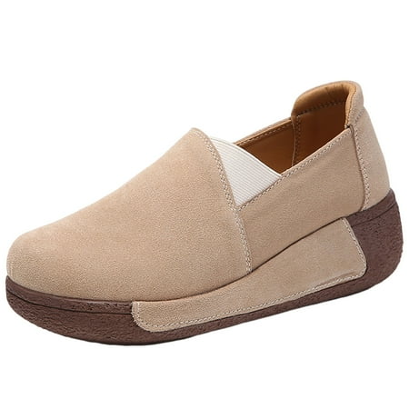 QYZEU Womens Flats Women s Casual Shoes Autumn Solid Color Round Toe Casual Thick Sole Flock Mid Heel Shake Shoes Womens Casual Leather Shoes White 38