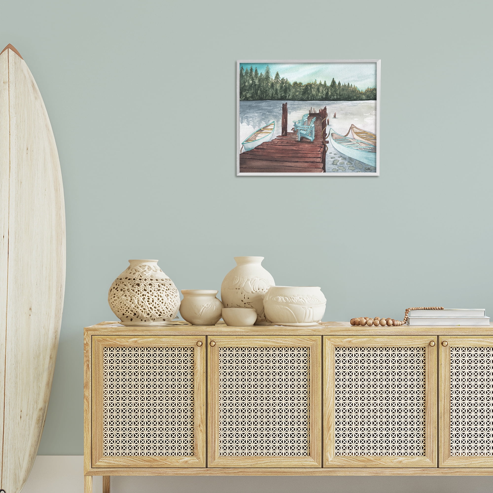 Stupell Industries Canoes at Lake Dock Landscape Painting White Framed Art Print Wall Art, 20 x 16