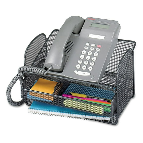 Telephone Stand, Angled Mesh Steel - Black - 11.75x9.25x7in - Desk Organizer with Drawer & Storage - Office Phone Holder - 2160BL Onyx