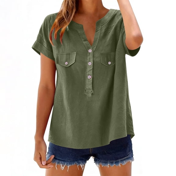 Summer Linen T-Shirt for Women V-Neck Button Pullover Tops Fashion Comfy Short Sleeve Shirt