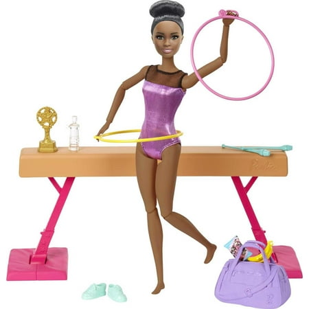 Barbie Gymnastics Playset with Brunette Doll & 15+ Accessories, Includes Twirling Gymnast Toy & Balance Beam