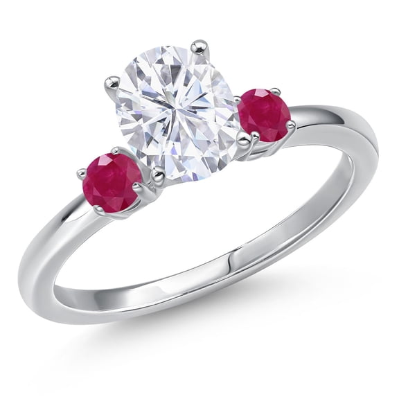 Gem Stone King 14K White Gold White Moissanite and Red Ruby Engagement Ring for Women | 1.81 Cttw | Oval 8X6MM | Gemstone Birthstone | Size 6