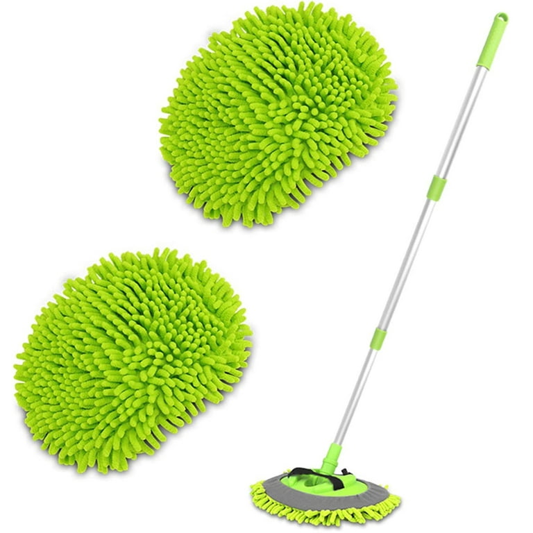 Mercita 45 inch Microfiber Car Wash Brush with Long Handle Car Washing Mop Kit, Car Cleaning Accessories with 2 Chenille Scratch-Free Replacement Heads, Green