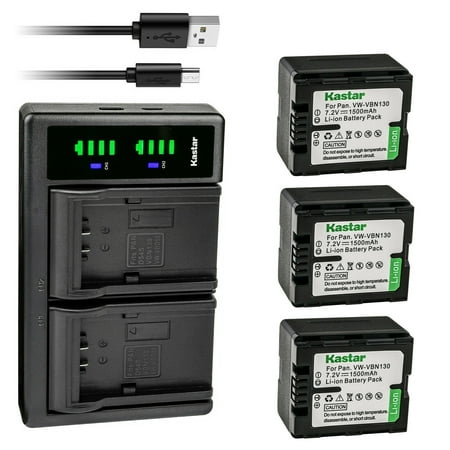 Kastar 3-Pack VW-VBN130 Battery and LTD2 USB Charger Replacement for Panasonic HDC-TM900K HDC-TM900P HDC-TM900PC HC-X800 HC-X800GK HC-X900 HC-X900GK HC-X900K HC-X900M HC-X900MGK HC-X909