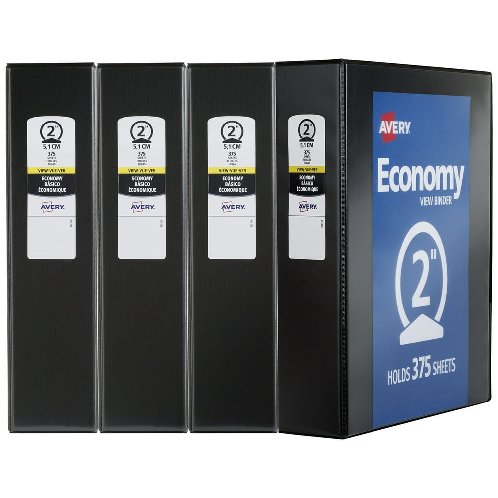 Avery Economy View 3 Ring Binders, 2" Round Rings, 4 Black Binders