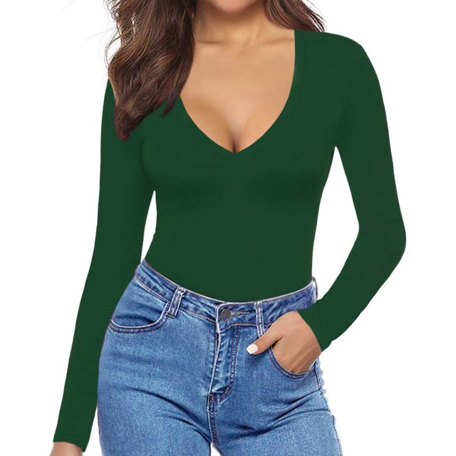 Xishao Camiseta de manga corta con cuello en V para mujer y manga larga ajustada, A2 Verde Profundo, S Xishao ropa