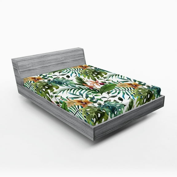 Ambesonne Leaf Fitted Sheet, Palm Tree Flowers Hibiscus, Queen Size, Pale Caramel Burgundy