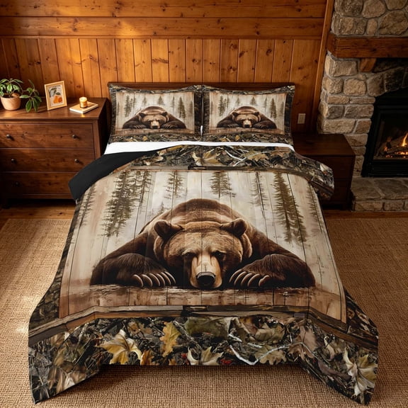 meiyoeat Rustic Cabin Bear Queen Comforter Set, Vintage Farmhouse Bedding Comforter Set, Brown, Black Reversible 3-Piece, 1 Comforter and 2 Pillowcases