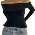 thumbnail image 1 of Women Tops Solid Color Off Shoulder Flared Long Sleeve T-Shirts, 1 of 4