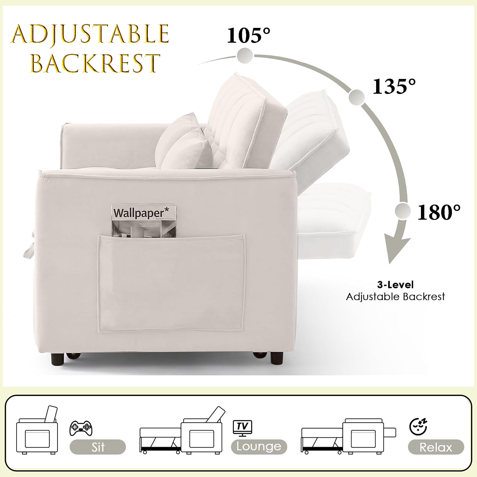 WAKEFIT 54" Pull-Out Sleeper Sofa Bed,3-in-1 Convertible Loveseat Couch with Adjustable Backrest for Small Living Room,Velvet,Beige