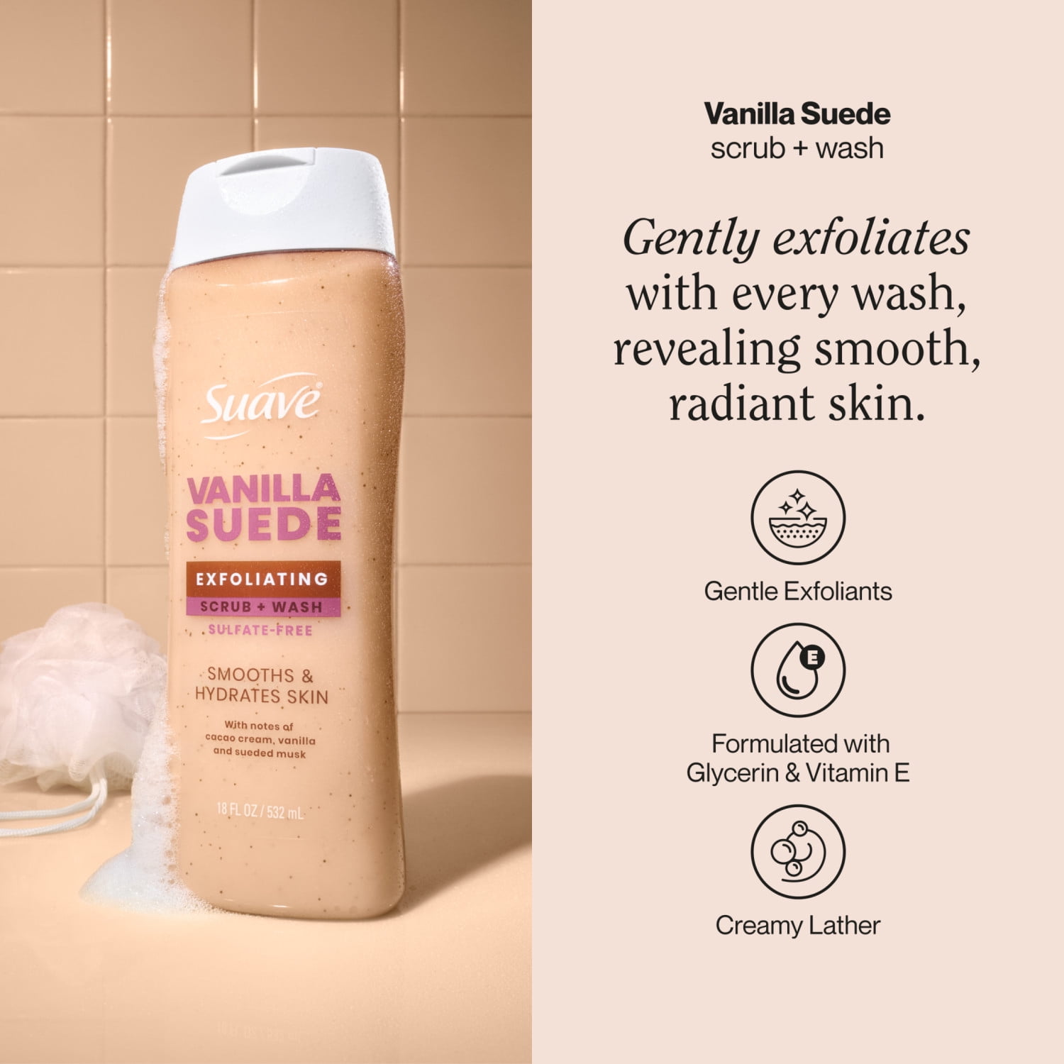 (2 pack) Suave Vanilla Suede Exfoliating Body Wash & Scrub with Glycerin & Vitamin E, 18 fl oz