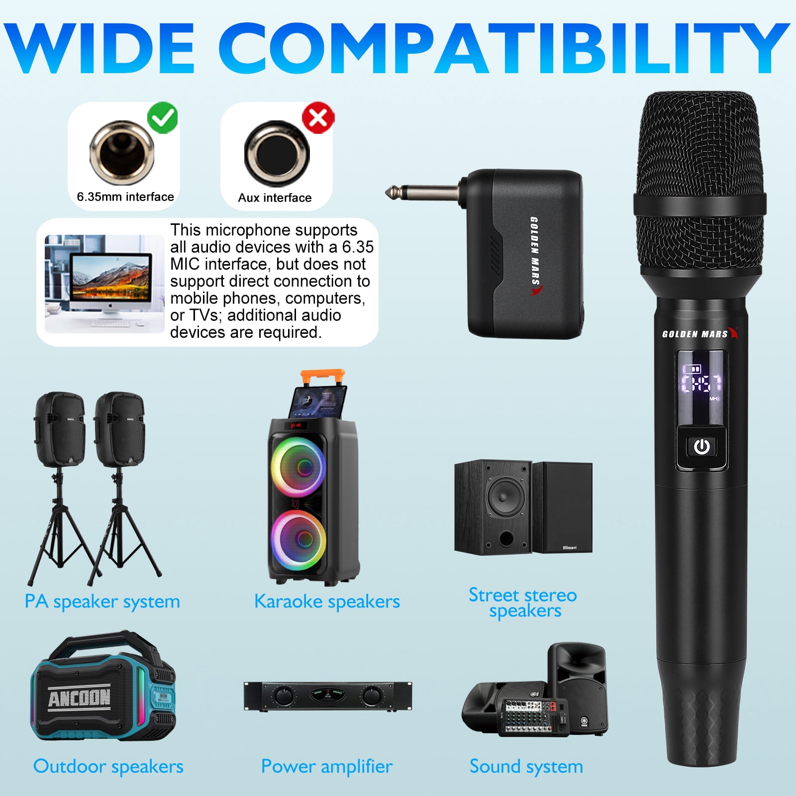 GOLDEN MARS Wireless Microphones, Professional Dual Handheld Dynamic Mic System, Rechargeable Microphone with 300ft Range for Karaoke Singing Wedding DJ Party Speech Church Classroom Meeting